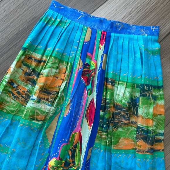 Vintage Blue Yellow Green Pink Colorful Printed High Waisted Midi Skirt - Picture 4 of 12